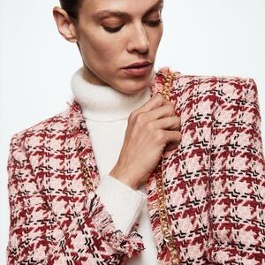 Mango Pink and Red Tweed Blazer